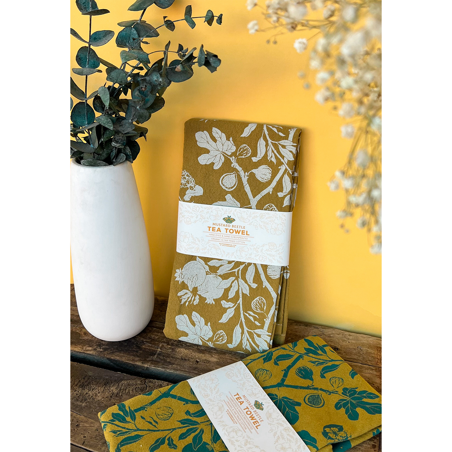 Hand Dyed + Screenprinted Organic Cotton Tea Towel: Figs: Eggshell