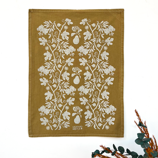 Hand Dyed + Screenprinted Organic Cotton Tea Towel: Figs: Eggshell