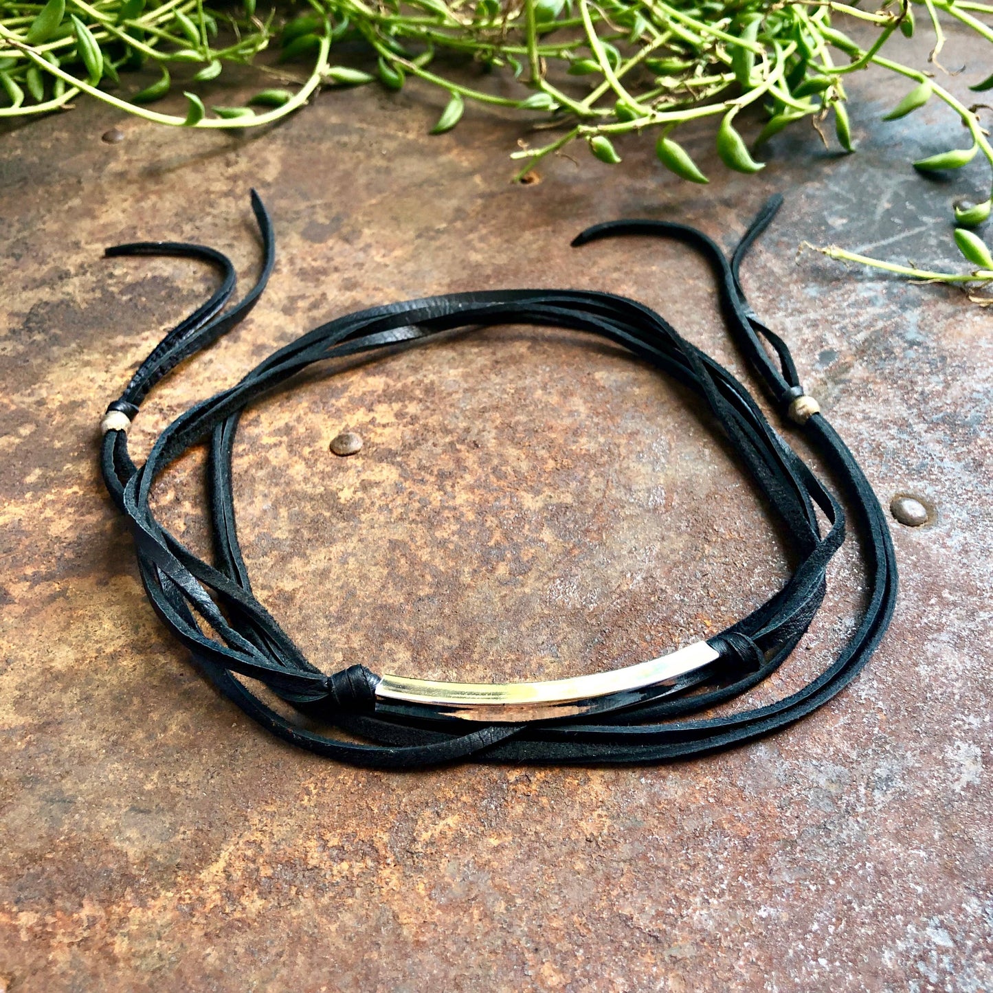 Leather Wrap Choker - Black & Silver, Necklace/Hatband: Black & Silver